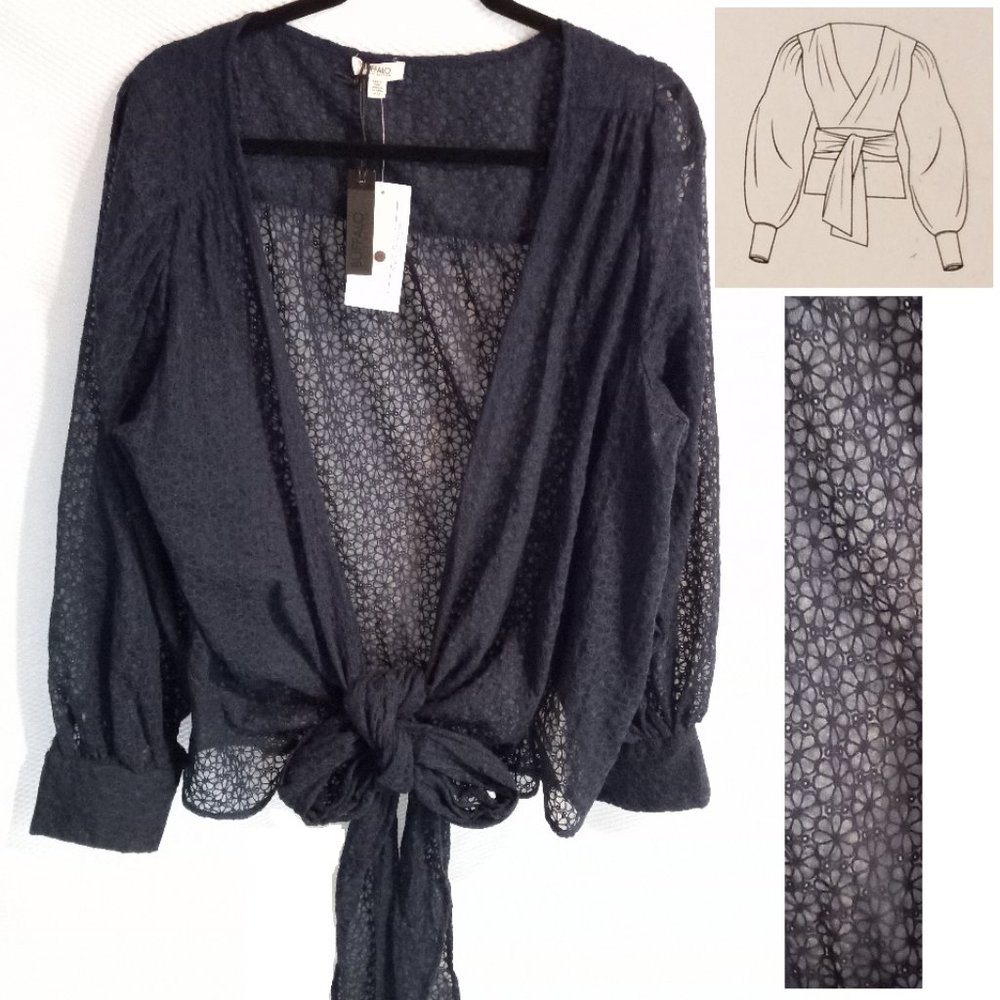 Buffalo David Bitton | Navy Blue Sheer Daisy Lace/Knit Cuff Sleeve Wrap Top